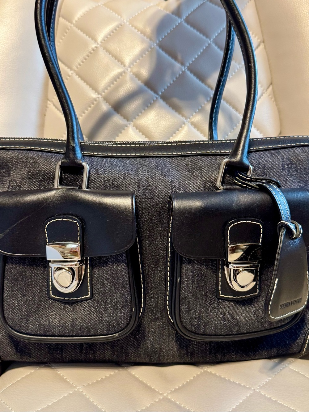 Dooney & Bourke Black Denim Two-Front-Pocket Shoulder Bag with Silver Hardware